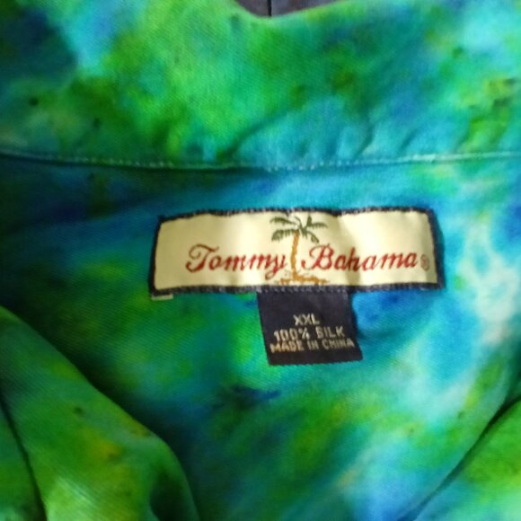 Tie Dyed Blue & Green 100% Silk Camp Shirt - Picture 6 of 7